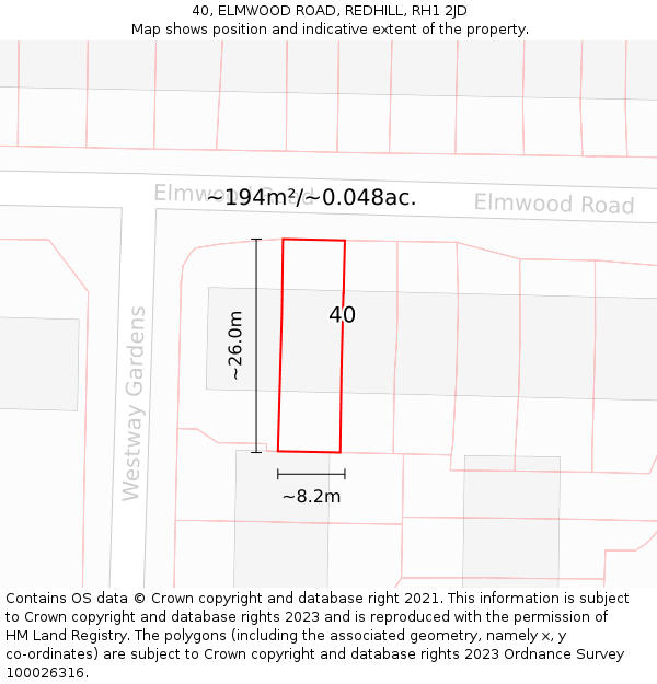 40, ELMWOOD ROAD, REDHILL, RH1 2JD: Plot and title map