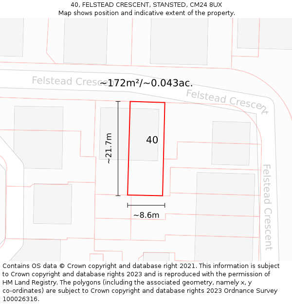 40, FELSTEAD CRESCENT, STANSTED, CM24 8UX: Plot and title map