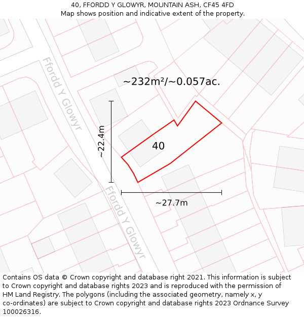 40, FFORDD Y GLOWYR, MOUNTAIN ASH, CF45 4FD: Plot and title map