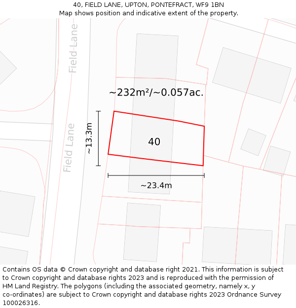 40, FIELD LANE, UPTON, PONTEFRACT, WF9 1BN: Plot and title map