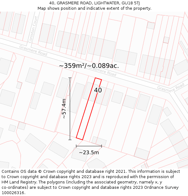 40, GRASMERE ROAD, LIGHTWATER, GU18 5TJ: Plot and title map