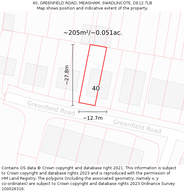 40, GREENFIELD ROAD, MEASHAM, SWADLINCOTE, DE12 7LB: Plot and title map