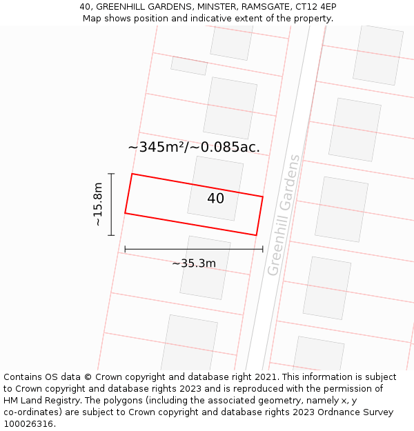 40, GREENHILL GARDENS, MINSTER, RAMSGATE, CT12 4EP: Plot and title map