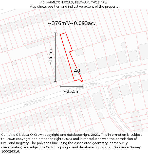 40, HAMILTON ROAD, FELTHAM, TW13 4PW: Plot and title map