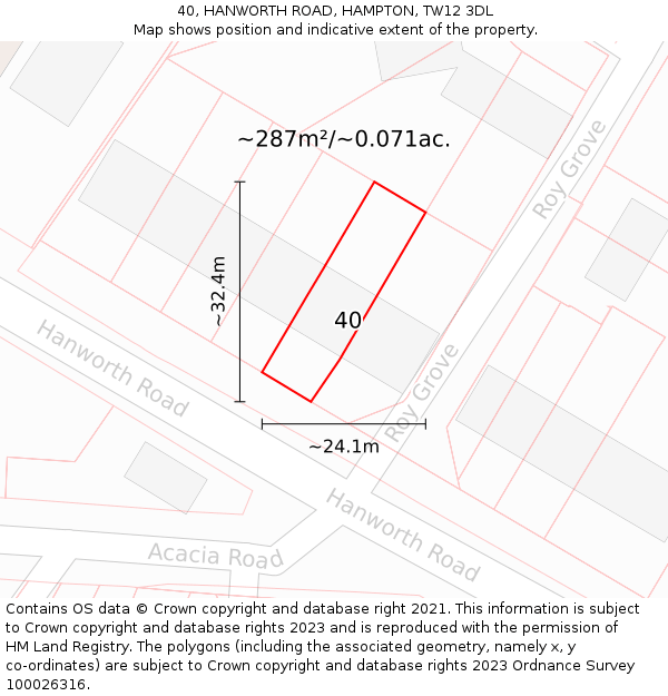 40, HANWORTH ROAD, HAMPTON, TW12 3DL: Plot and title map