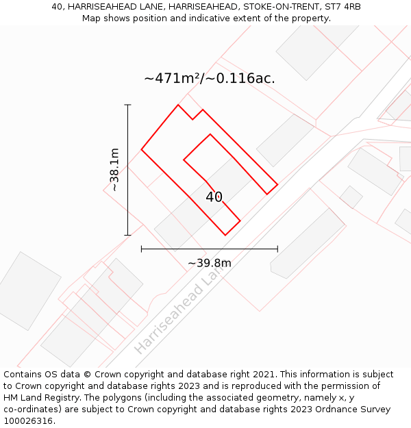 40, HARRISEAHEAD LANE, HARRISEAHEAD, STOKE-ON-TRENT, ST7 4RB: Plot and title map