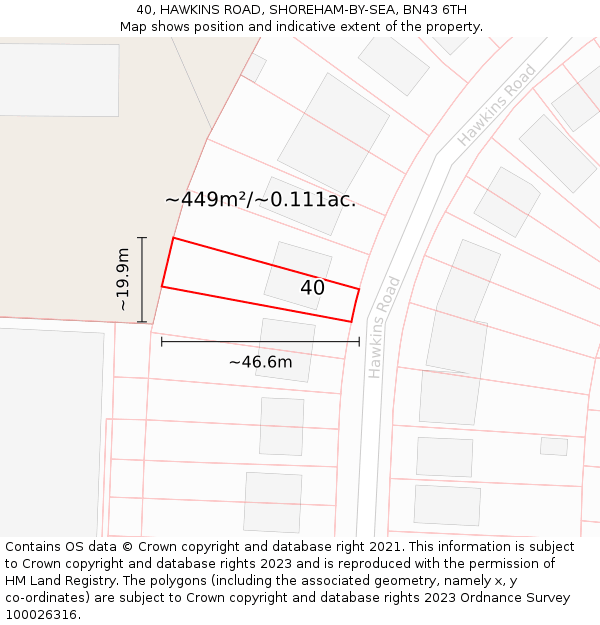 40, HAWKINS ROAD, SHOREHAM-BY-SEA, BN43 6TH: Plot and title map