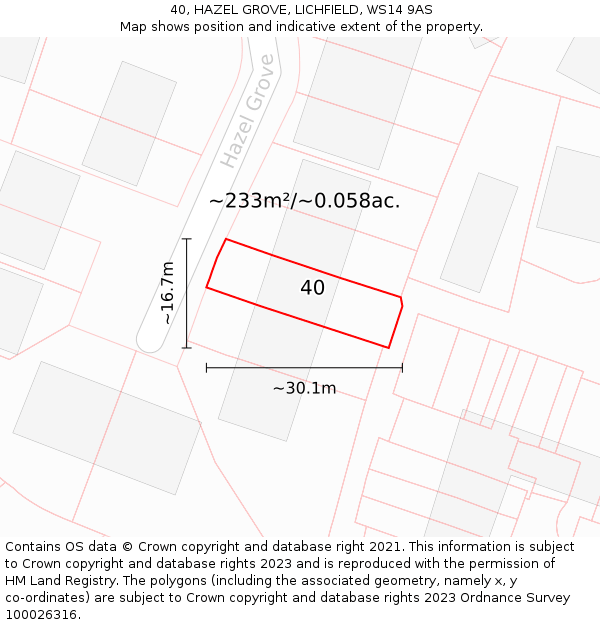 40, HAZEL GROVE, LICHFIELD, WS14 9AS: Plot and title map