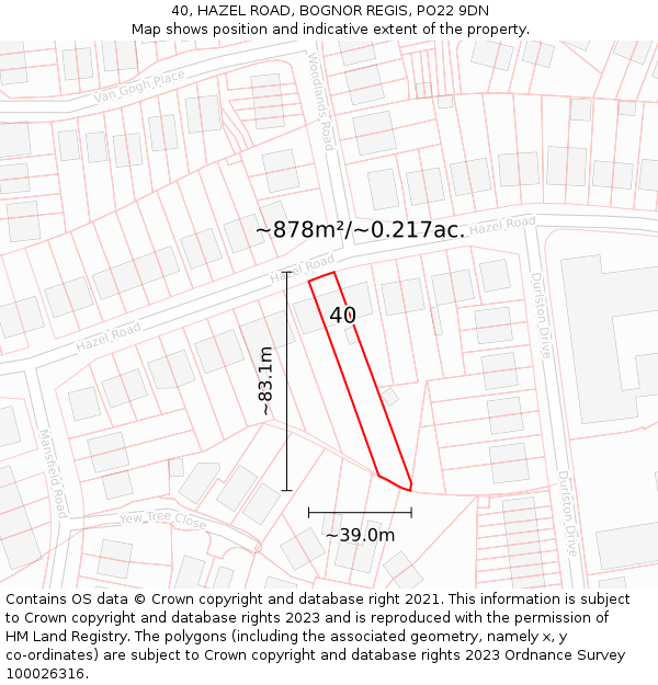 40, HAZEL ROAD, BOGNOR REGIS, PO22 9DN: Plot and title map