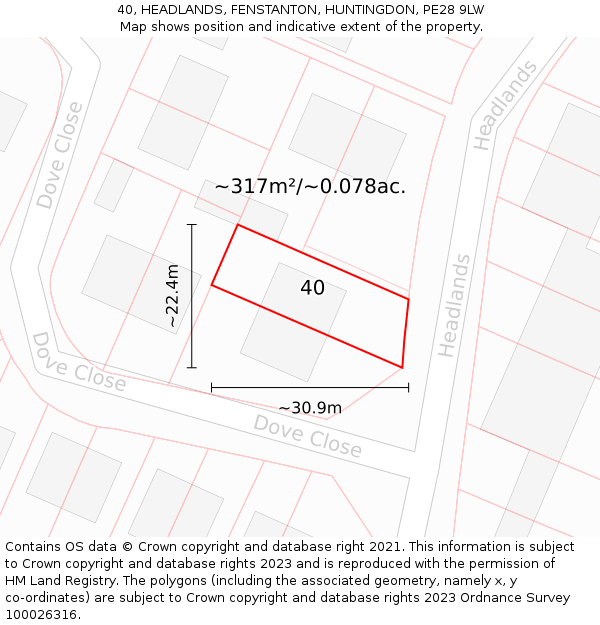 40, HEADLANDS, FENSTANTON, HUNTINGDON, PE28 9LW: Plot and title map