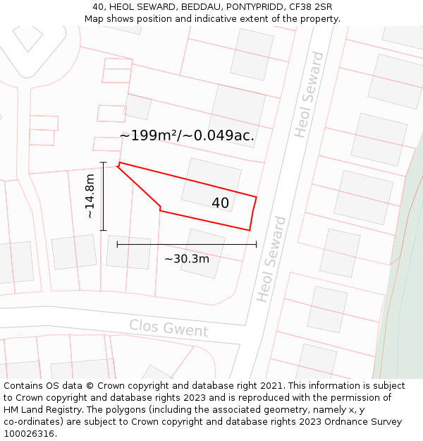 40, HEOL SEWARD, BEDDAU, PONTYPRIDD, CF38 2SR: Plot and title map