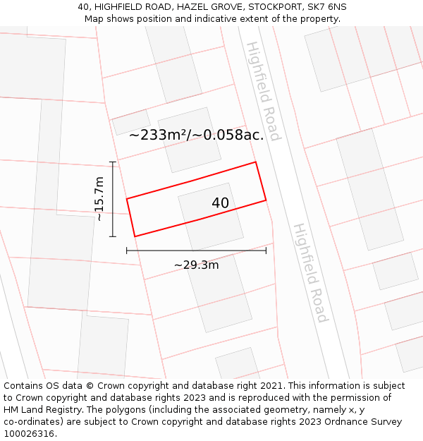 40, HIGHFIELD ROAD, HAZEL GROVE, STOCKPORT, SK7 6NS: Plot and title map