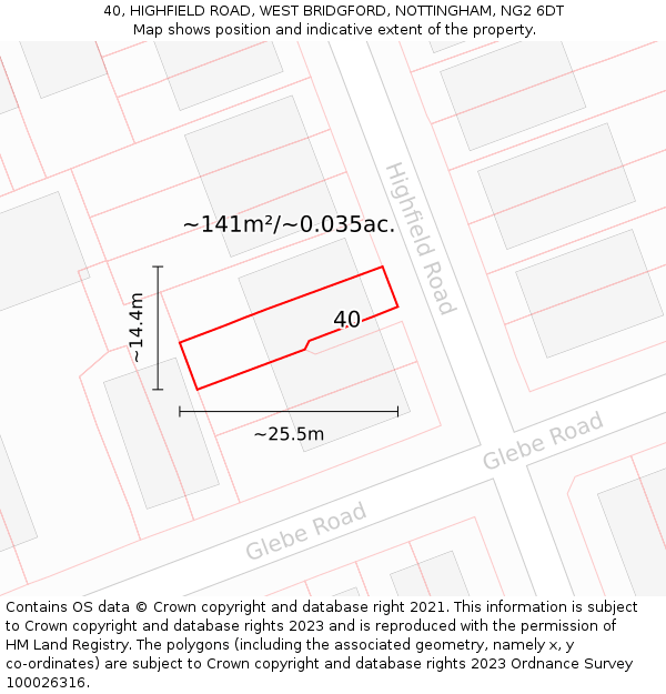 40, HIGHFIELD ROAD, WEST BRIDGFORD, NOTTINGHAM, NG2 6DT: Plot and title map