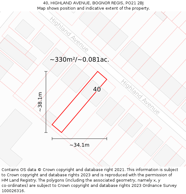 40, HIGHLAND AVENUE, BOGNOR REGIS, PO21 2BJ: Plot and title map