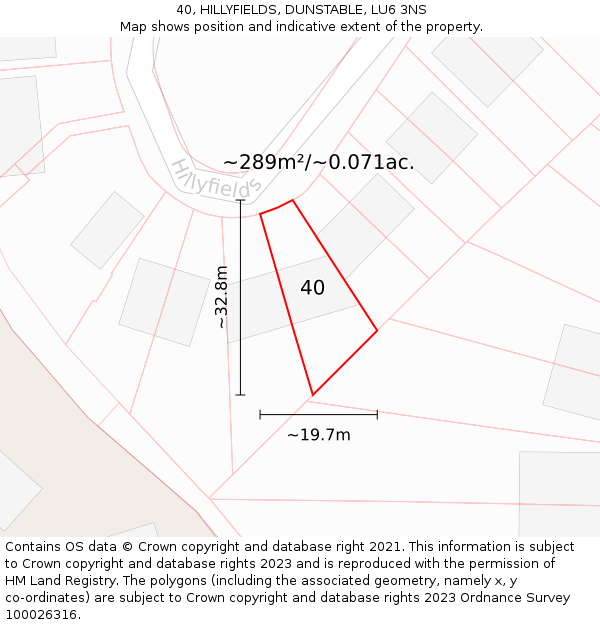 40, HILLYFIELDS, DUNSTABLE, LU6 3NS: Plot and title map