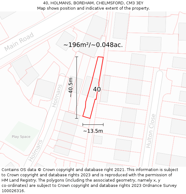 40, HOLMANS, BOREHAM, CHELMSFORD, CM3 3EY: Plot and title map