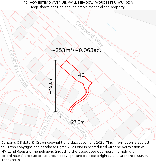 40, HOMESTEAD AVENUE, WALL MEADOW, WORCESTER, WR4 0DA: Plot and title map