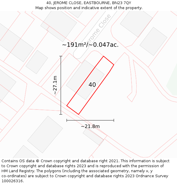 40, JEROME CLOSE, EASTBOURNE, BN23 7QY: Plot and title map