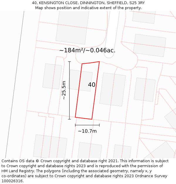 40, KENSINGTON CLOSE, DINNINGTON, SHEFFIELD, S25 3RY: Plot and title map
