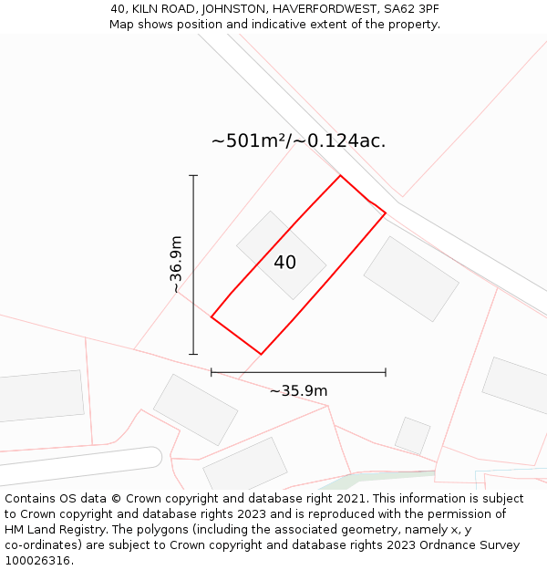 40, KILN ROAD, JOHNSTON, HAVERFORDWEST, SA62 3PF: Plot and title map