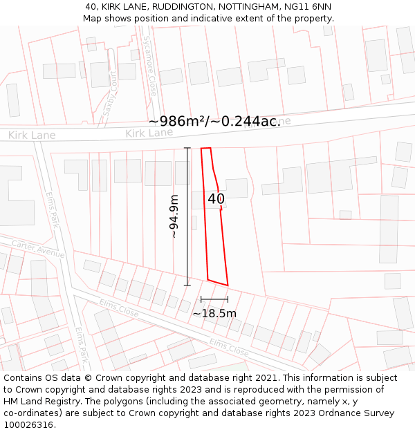 40, KIRK LANE, RUDDINGTON, NOTTINGHAM, NG11 6NN: Plot and title map