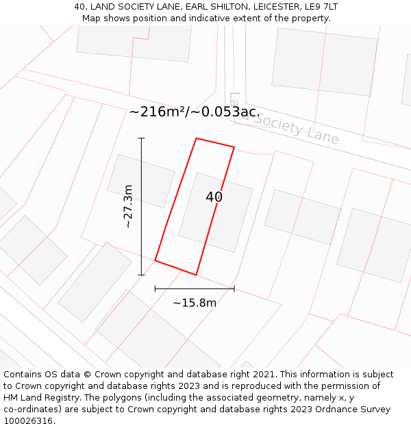 40, LAND SOCIETY LANE, EARL SHILTON, LEICESTER, LE9 7LT: Plot and title map