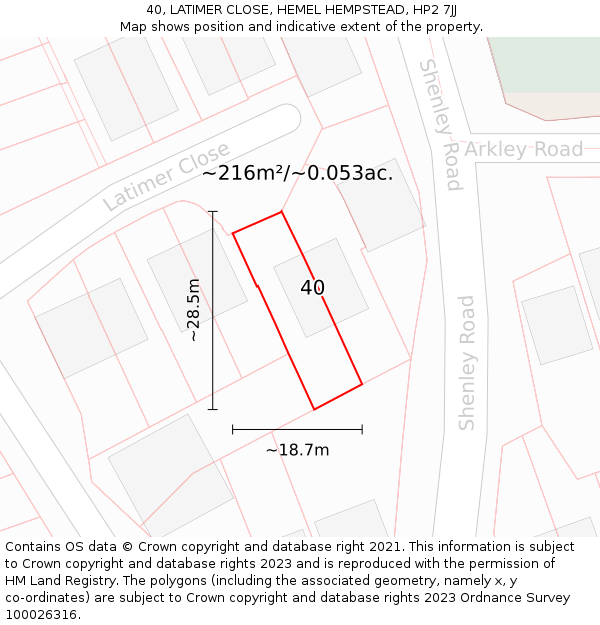 40, LATIMER CLOSE, HEMEL HEMPSTEAD, HP2 7JJ: Plot and title map