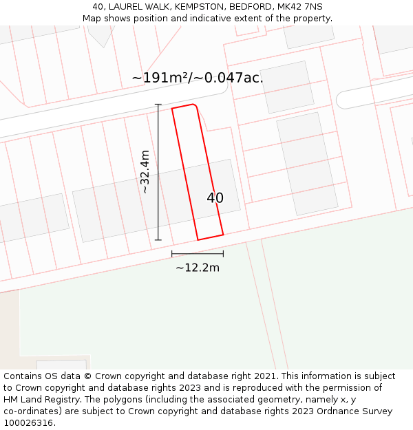 40, LAUREL WALK, KEMPSTON, BEDFORD, MK42 7NS: Plot and title map