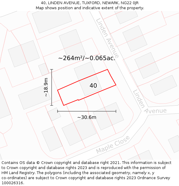 40, LINDEN AVENUE, TUXFORD, NEWARK, NG22 0JR: Plot and title map