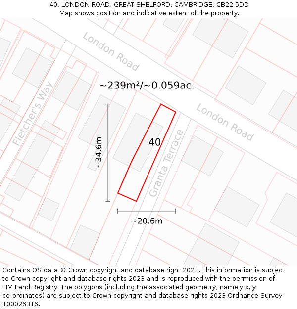 40, LONDON ROAD, GREAT SHELFORD, CAMBRIDGE, CB22 5DD: Plot and title map