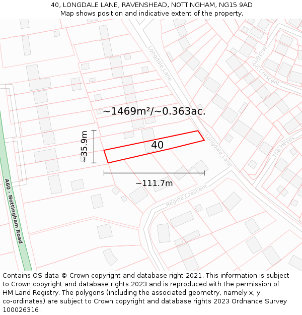 40, LONGDALE LANE, RAVENSHEAD, NOTTINGHAM, NG15 9AD: Plot and title map