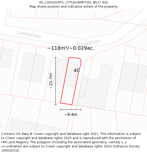 40, LONGSHIPS, LITTLEHAMPTON, BN17 6SL: Plot and title map