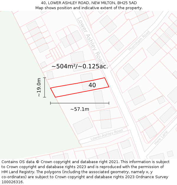 40, LOWER ASHLEY ROAD, NEW MILTON, BH25 5AD: Plot and title map