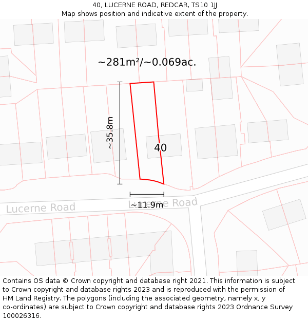 40, LUCERNE ROAD, REDCAR, TS10 1JJ: Plot and title map