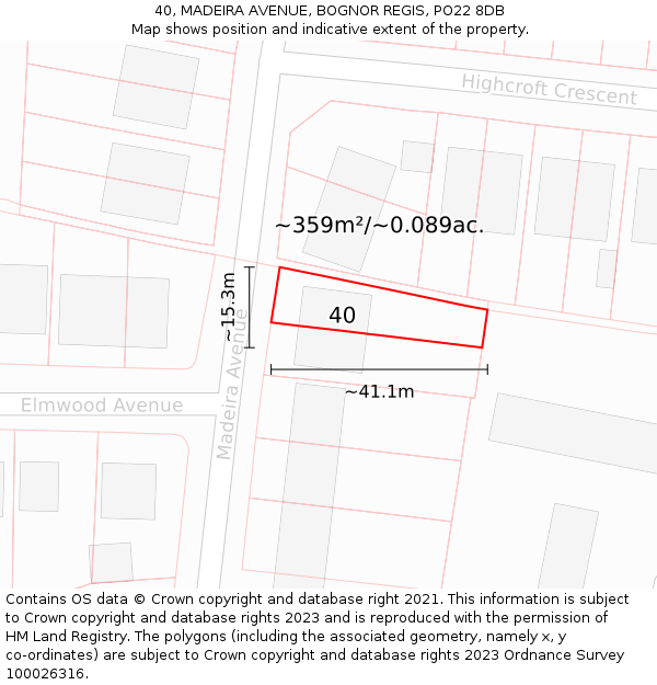 40, MADEIRA AVENUE, BOGNOR REGIS, PO22 8DB: Plot and title map