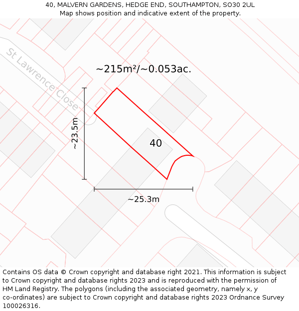 40, MALVERN GARDENS, HEDGE END, SOUTHAMPTON, SO30 2UL: Plot and title map