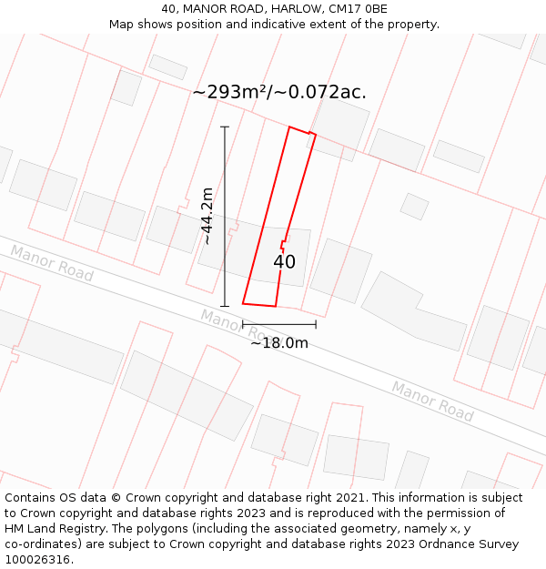 40, MANOR ROAD, HARLOW, CM17 0BE: Plot and title map