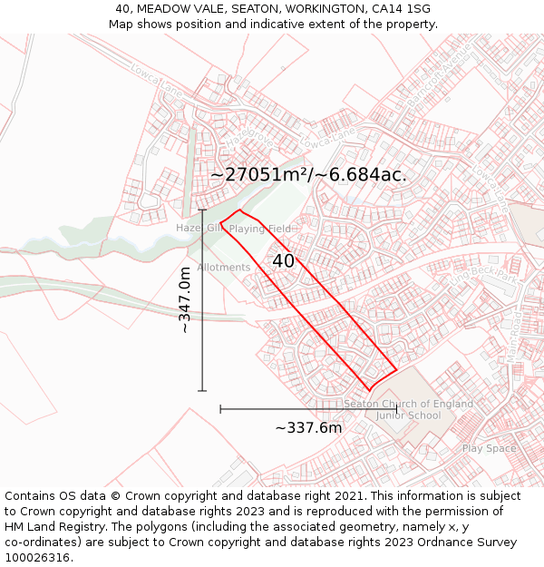 40, MEADOW VALE, SEATON, WORKINGTON, CA14 1SG: Plot and title map