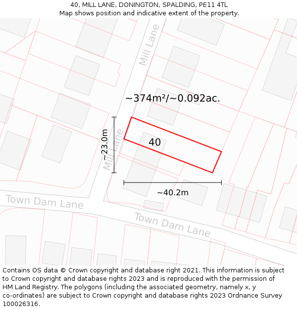 40, MILL LANE, DONINGTON, SPALDING, PE11 4TL: Plot and title map