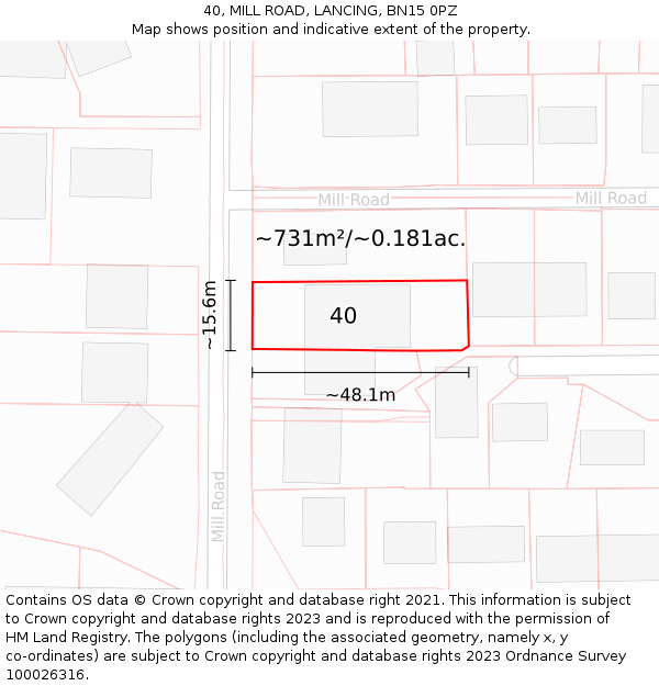 40, MILL ROAD, LANCING, BN15 0PZ: Plot and title map