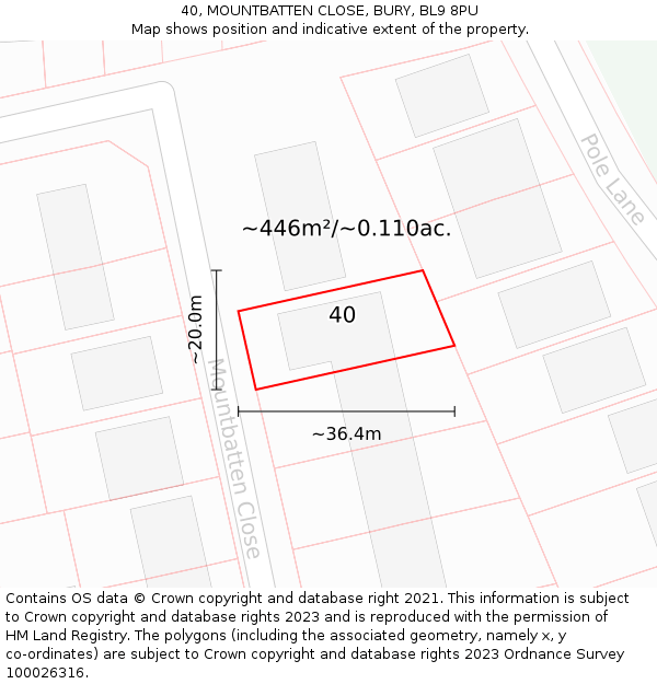 40, MOUNTBATTEN CLOSE, BURY, BL9 8PU: Plot and title map