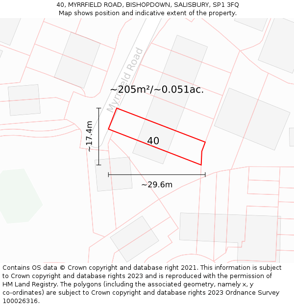 40, MYRRFIELD ROAD, BISHOPDOWN, SALISBURY, SP1 3FQ: Plot and title map