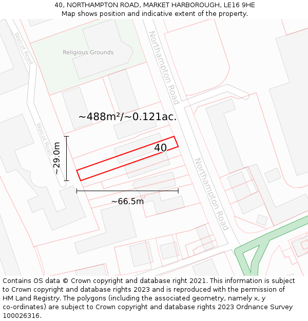 40, NORTHAMPTON ROAD, MARKET HARBOROUGH, LE16 9HE: Plot and title map