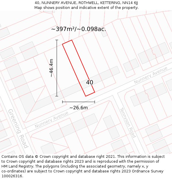 40, NUNNERY AVENUE, ROTHWELL, KETTERING, NN14 6JJ: Plot and title map