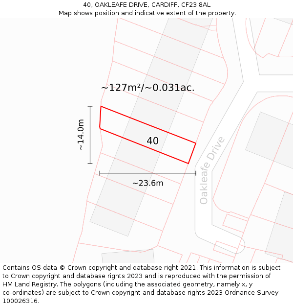 40, OAKLEAFE DRIVE, CARDIFF, CF23 8AL: Plot and title map