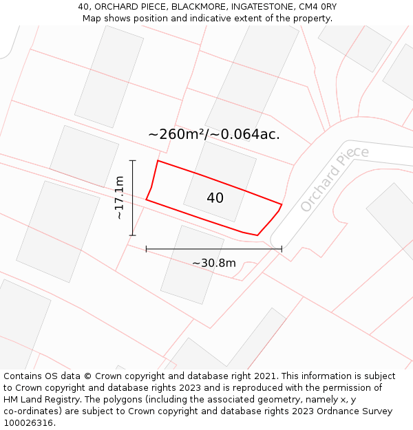 40, ORCHARD PIECE, BLACKMORE, INGATESTONE, CM4 0RY: Plot and title map