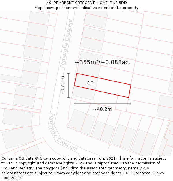 40, PEMBROKE CRESCENT, HOVE, BN3 5DD: Plot and title map