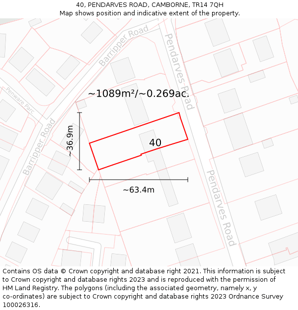 40, PENDARVES ROAD, CAMBORNE, TR14 7QH: Plot and title map