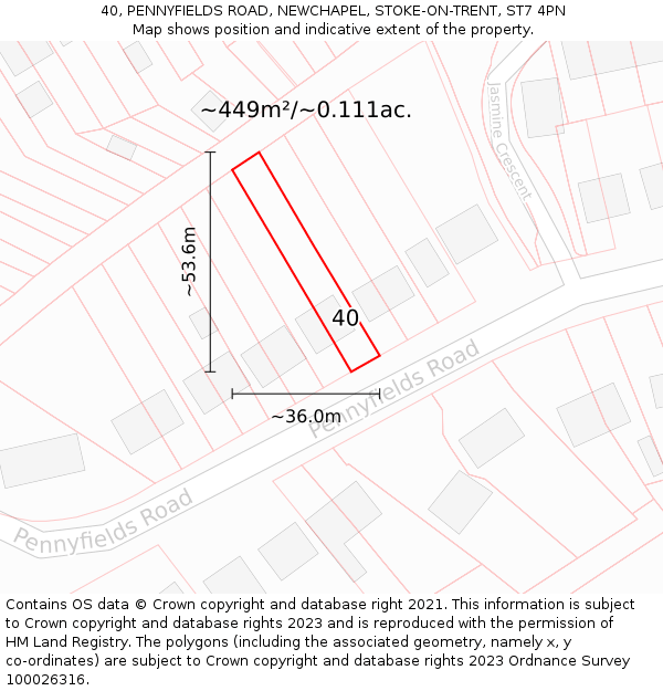 40, PENNYFIELDS ROAD, NEWCHAPEL, STOKE-ON-TRENT, ST7 4PN: Plot and title map