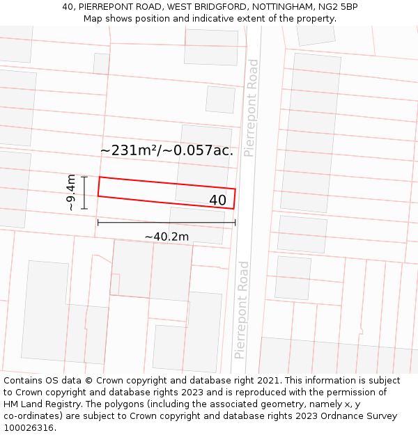 40, PIERREPONT ROAD, WEST BRIDGFORD, NOTTINGHAM, NG2 5BP: Plot and title map